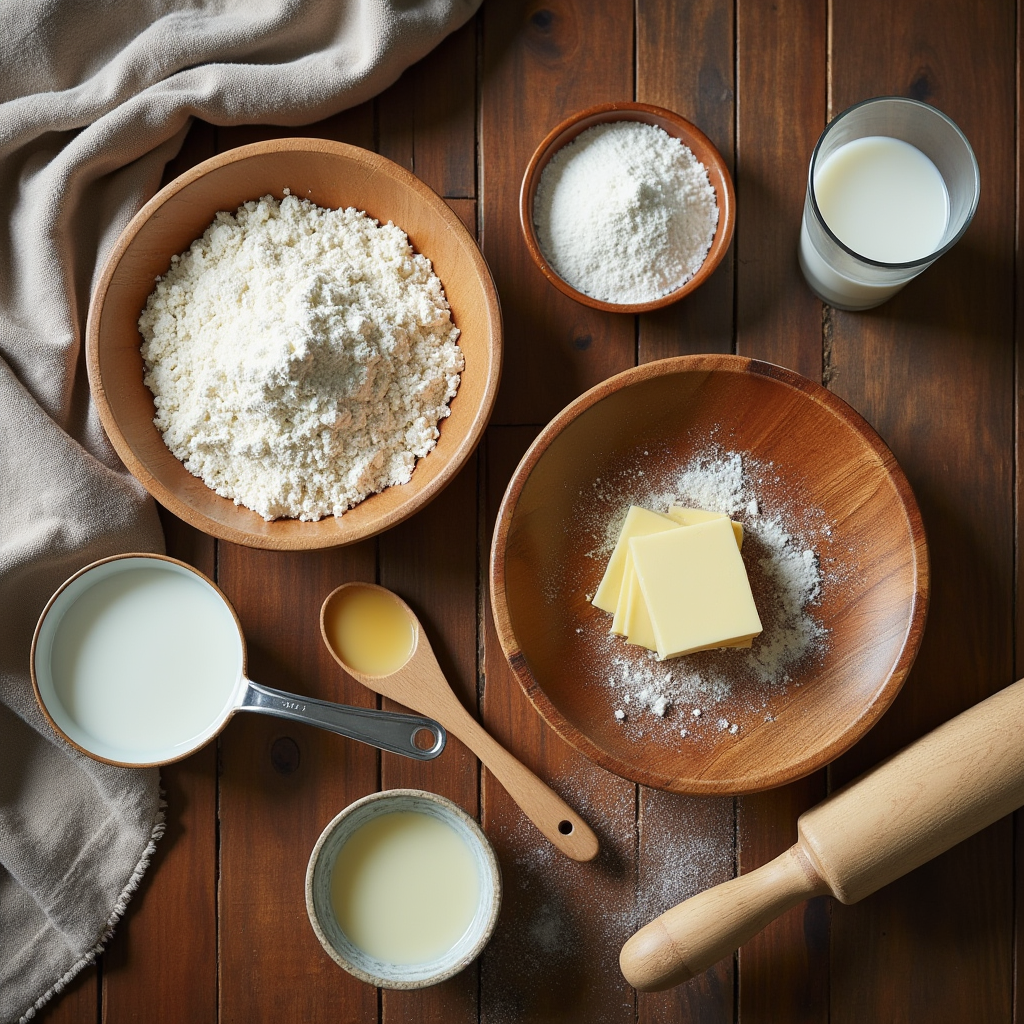A beautifully arranged flat-lay composition of fresh ingredients for making Swiss Gipfeli, including flour, butter, milk, yeast, and sugar, set on a rustic wooden table.