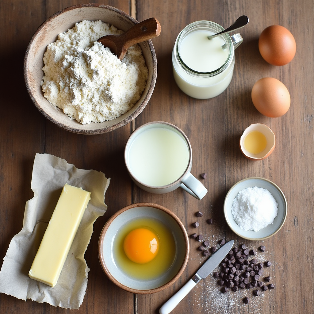 a beautifully arranged flat lay of ingredients for a homemade braided chocolate chip brioche a wood 1