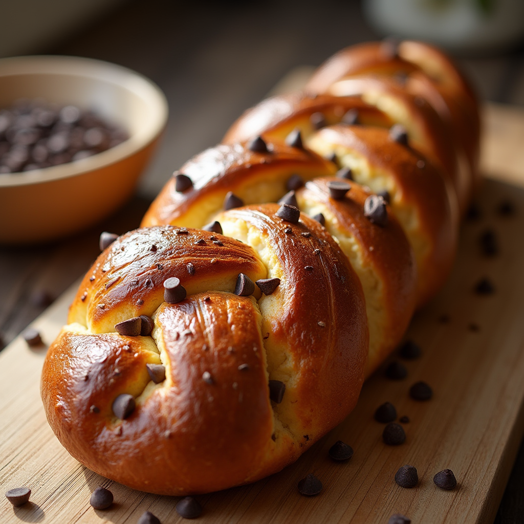 a freshly baked braided brioche loaf with a golden brown glossy crust sprinkled with chocolate chip